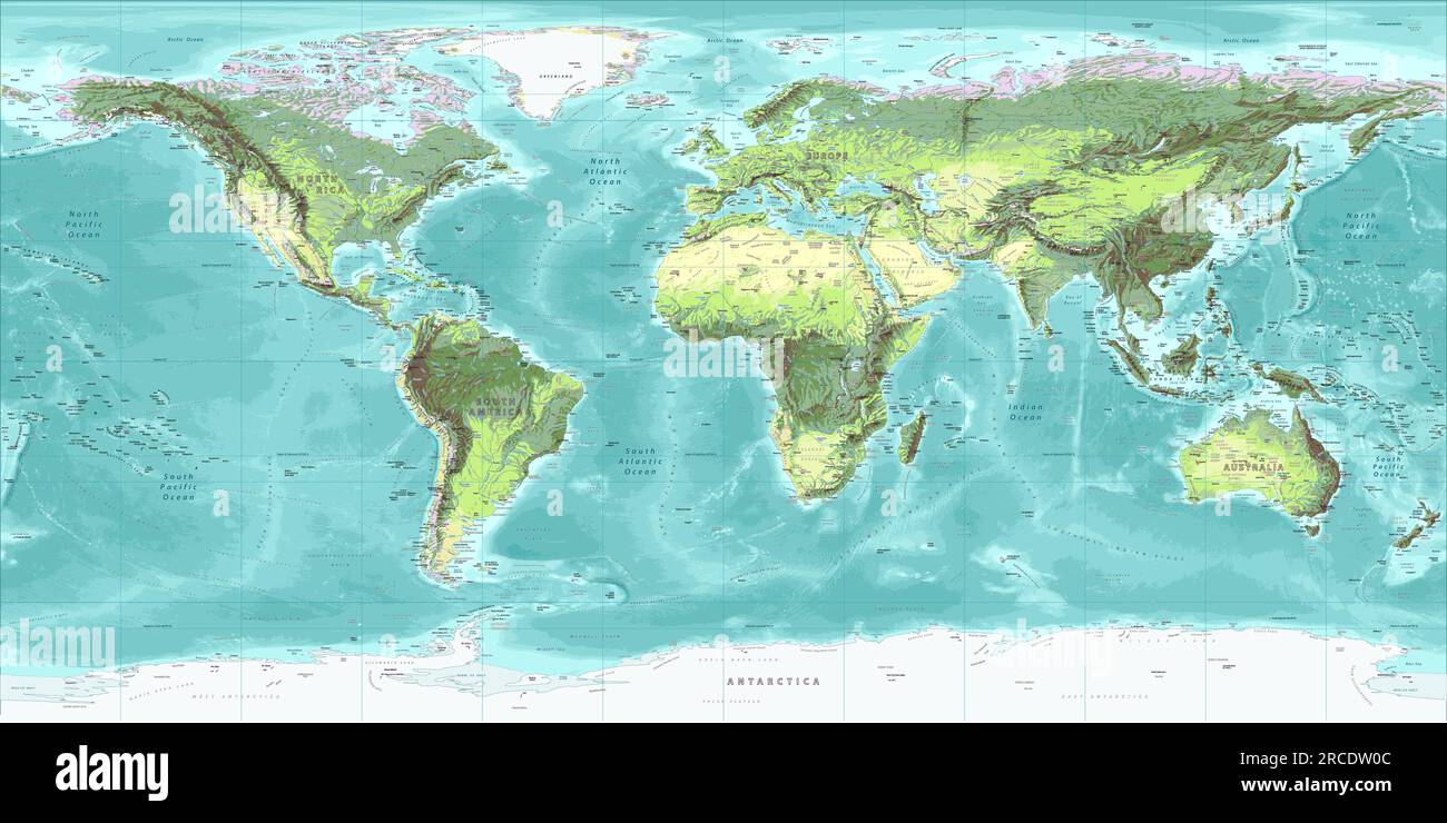 Proiezione equirettangolare dettagliata della mappa del mondo fisico Illustrazione Vettoriale