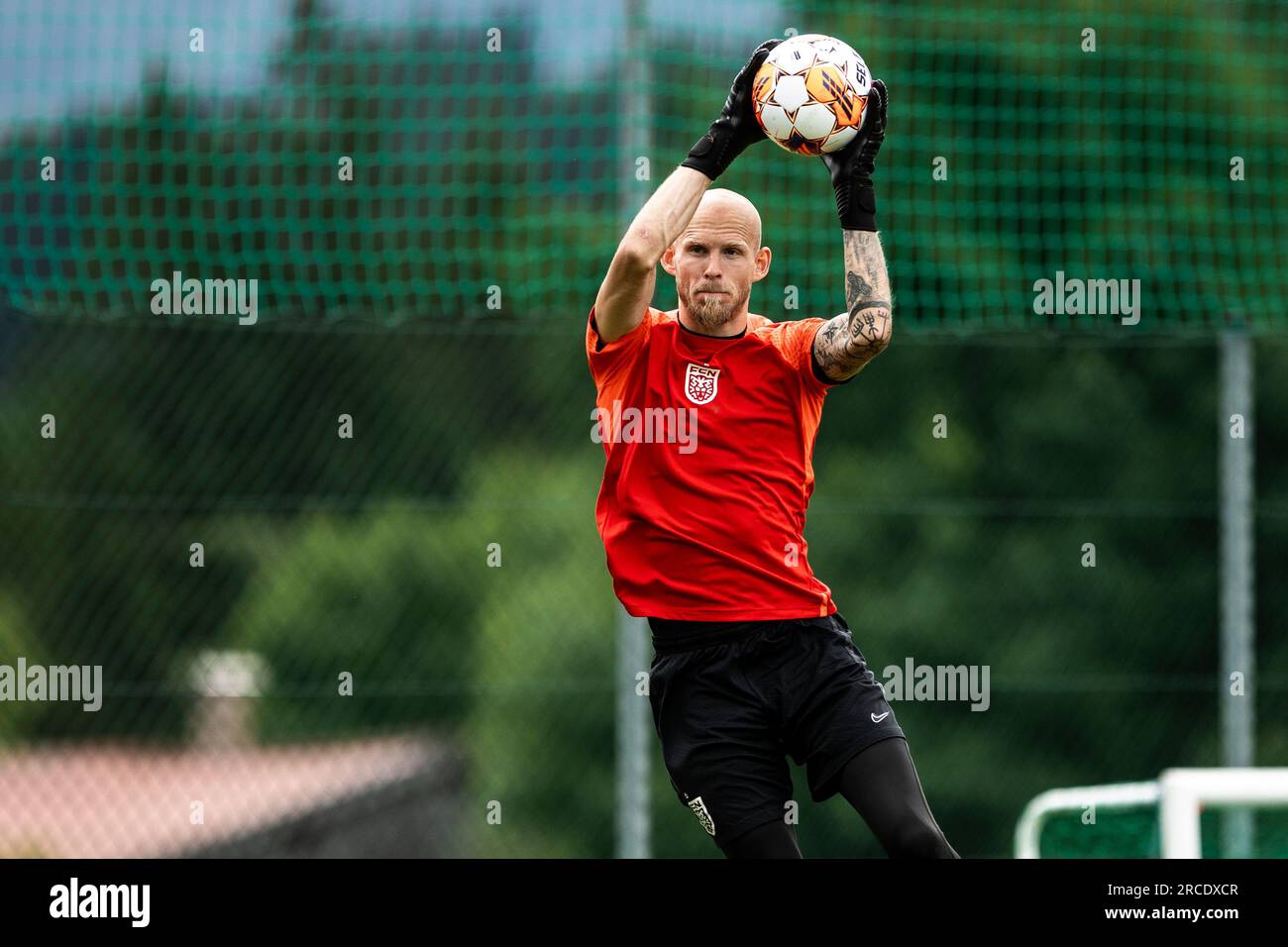 Kössen, Austria. 13 luglio 2023. Il portiere Andreas Hansen dell'FC Nordsjaelland ha visto durante una sessione di allenamento al campo trianing pre-stagionale dell'FC Nordsjaelland a Kössen. (Foto: Gonzales Photo - Dejan Obretkovic). Foto Stock