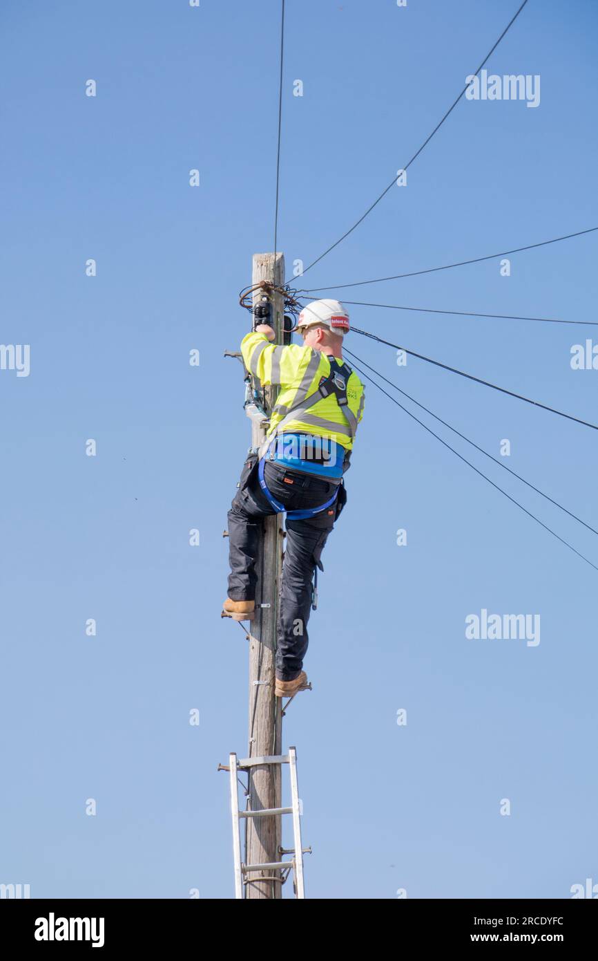 Ingegnere Openreach su un palo telegrafico, Inghilterra, Regno Unito Foto Stock