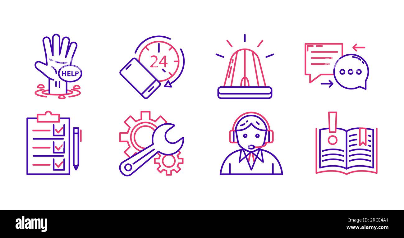 Icona Guida e supporto tecnico. Un semplice set di icone web lineari, composto da guida, assistente online, manuale di riferimento, tempo, emergenza, conversazione, receptio Illustrazione Vettoriale