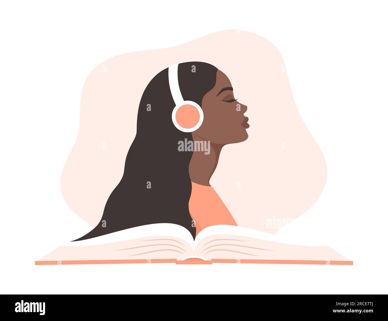 Donna nera che ascolta un audiolibro. Ritratto laterale di una giovane donna africana o afroamericana in cuffie su un libro aperto. Illustr. Vettoriale piatto Illustrazione Vettoriale