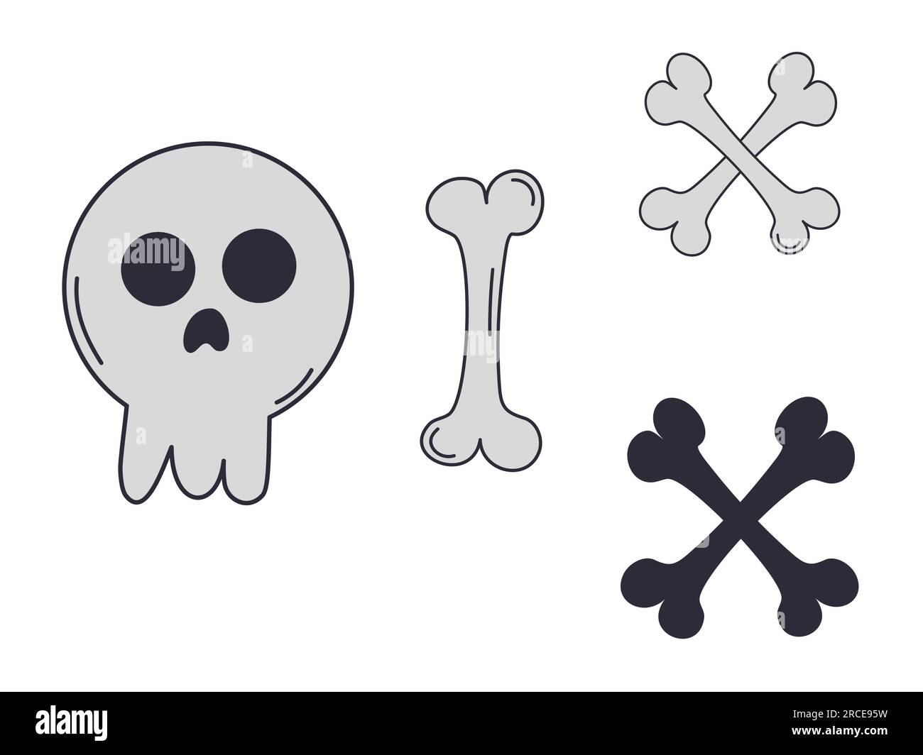 Set di cranio e ossa. Icona vettore. Elementi di Halloween. Simbolo mortale. Stile cartoni animati. Illustrazione Vettoriale