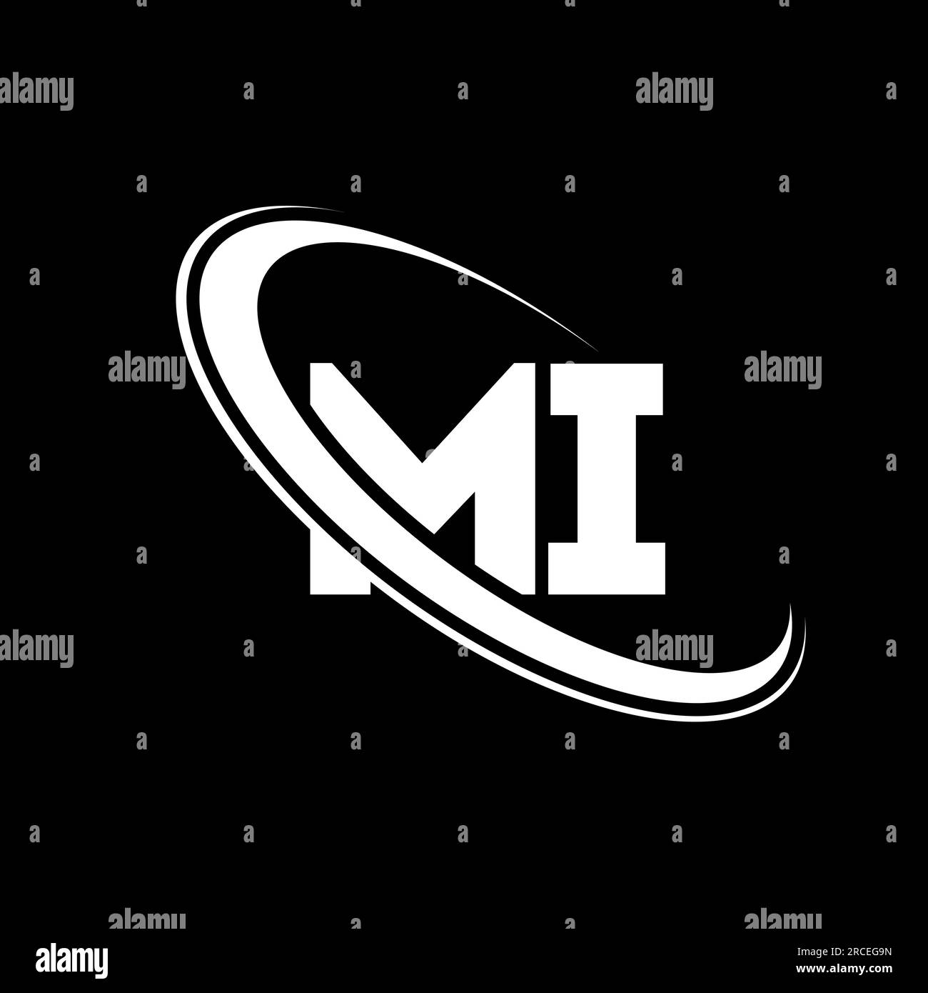 Logo MI. M i design. Lettera mi bianca. Logo MI/M i Letter. Logo del monogramma maiuscolo con cerchio collegato all'mi iniziale. Illustrazione Vettoriale