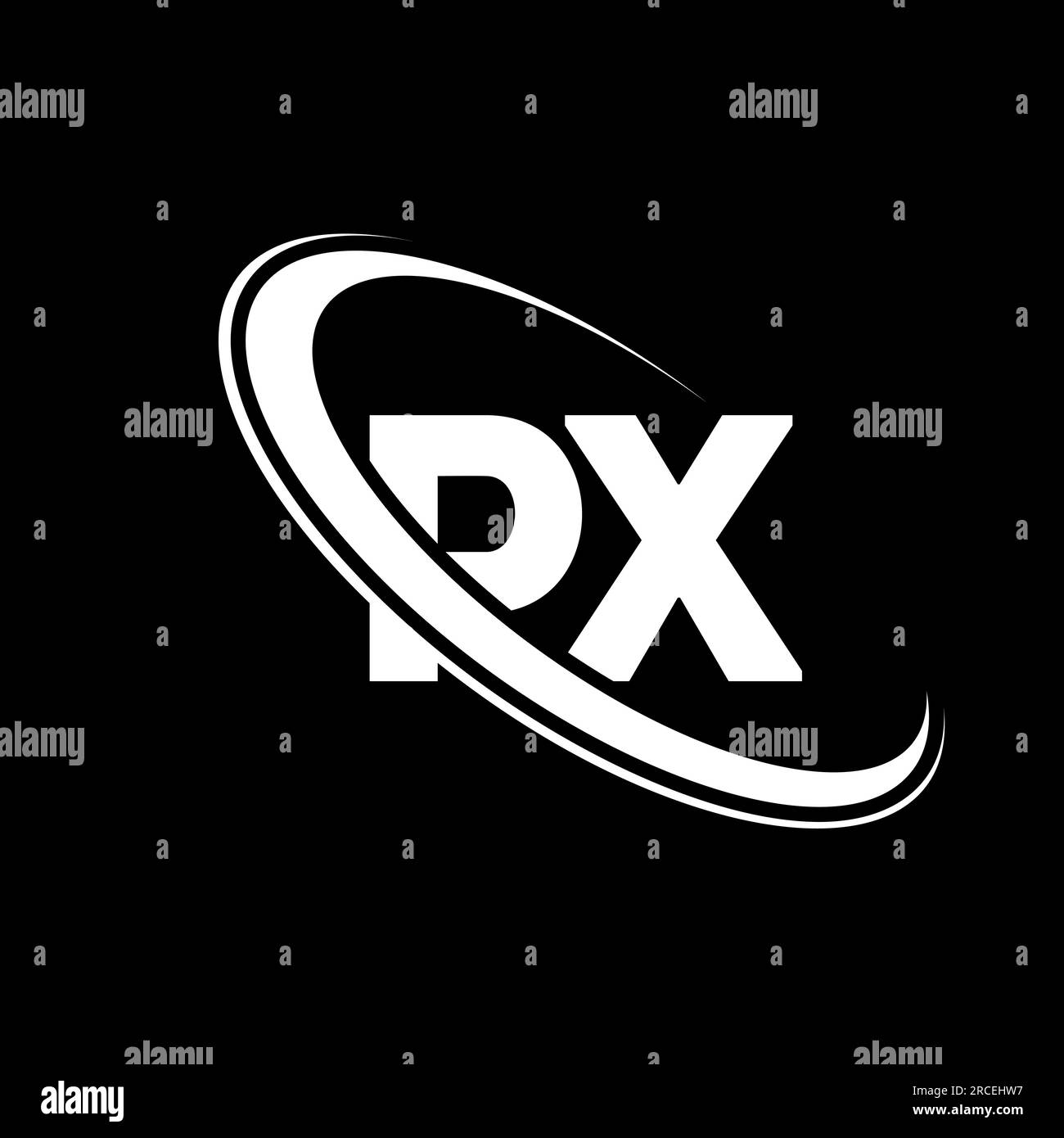 Logo PX. Design P X. Lettera px bianca. Design del logo PX/P X Letter. Logo monogramma maiuscolo con cerchio PX collegato alla lettera iniziale. Illustrazione Vettoriale