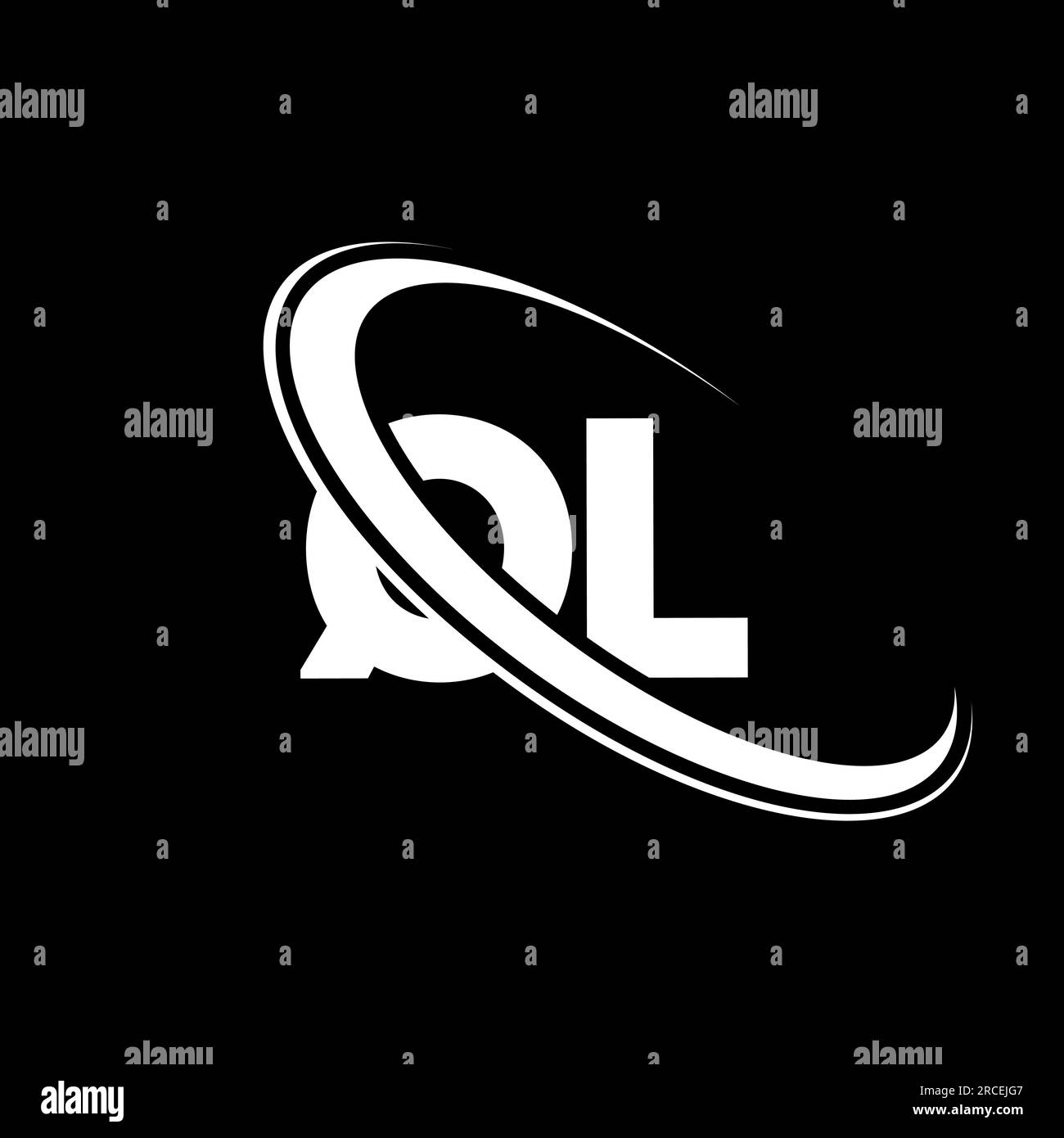 Logo QL. Q Design L. Lettera QL bianca. Logo QL/Q L Letter. Logo del monogramma maiuscolo con cerchio collegato QL iniziale. Illustrazione Vettoriale