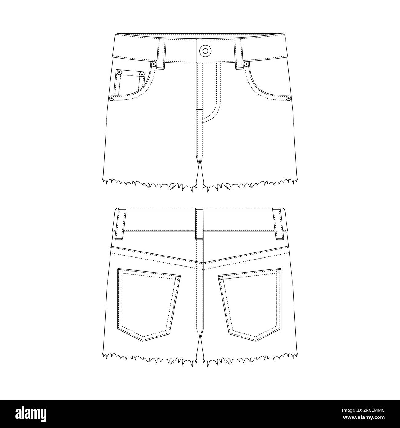 Modello pantaloni caldi in denim corti con disegno vettoriale, linea piatta Illustrazione Vettoriale