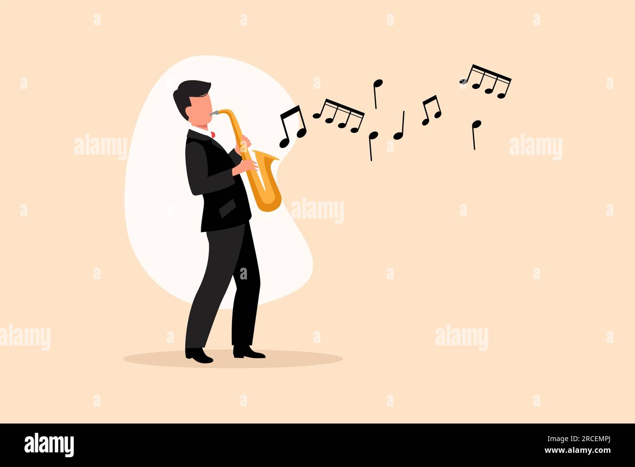 Business design disegnando giovane personaggio sassofonista. Musicista jazz o blues, l'uomo suona il sassofono. Interprete maschile di musica jazz da festival, jazz band per Foto Stock