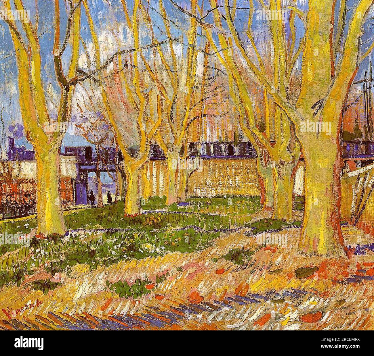 Viale degli alberi di aereo vicino alla stazione di Arles 1888; Arles, Bouches-du-Rhône, Francia di Vincent van Gogh Foto Stock