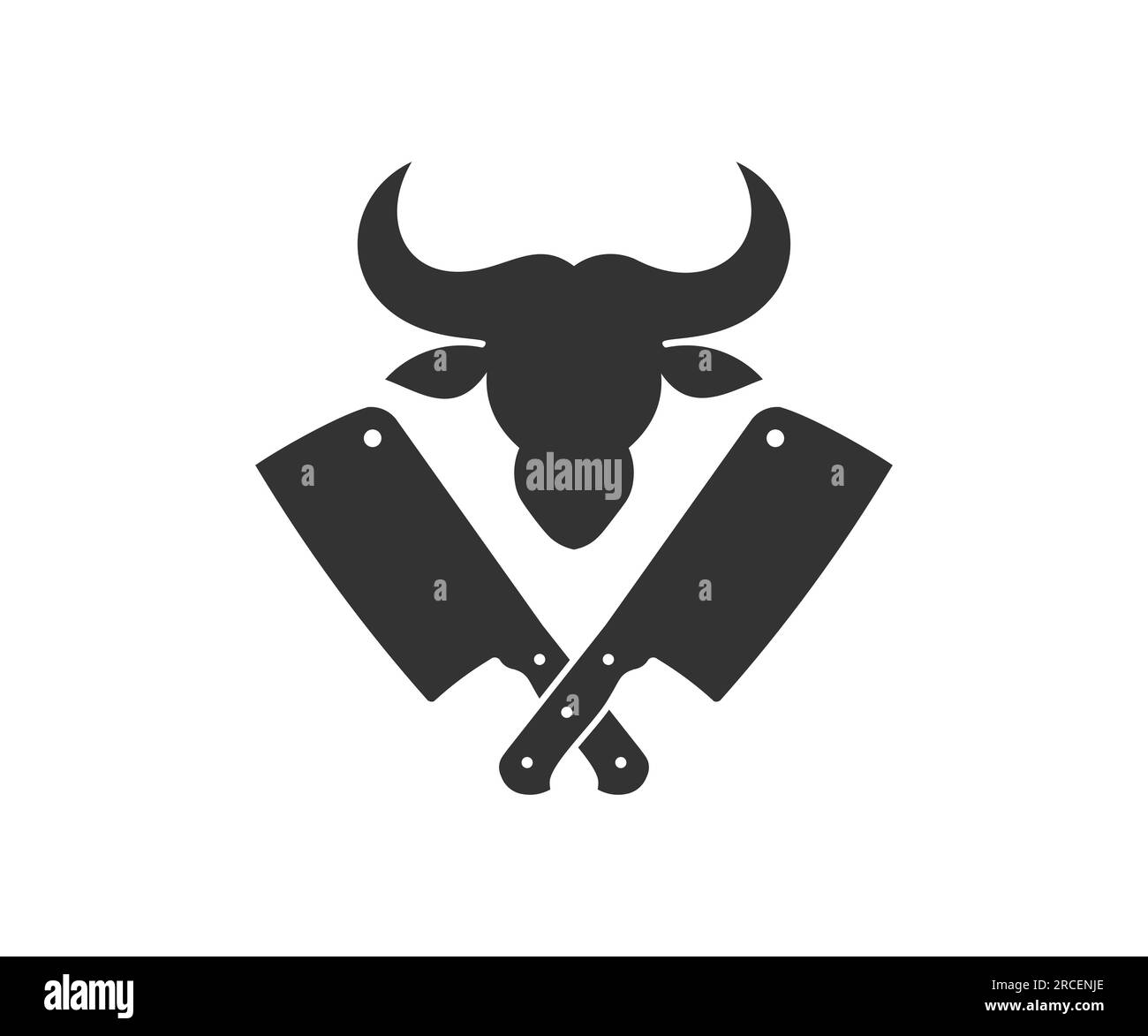 Logo vintage Butchery. Cattle Head silhouette e taglierini incrociati. Logo del negozio di carne Butchery con coltelli da carne design vettoriale e illustrazione. Illustrazione Vettoriale
