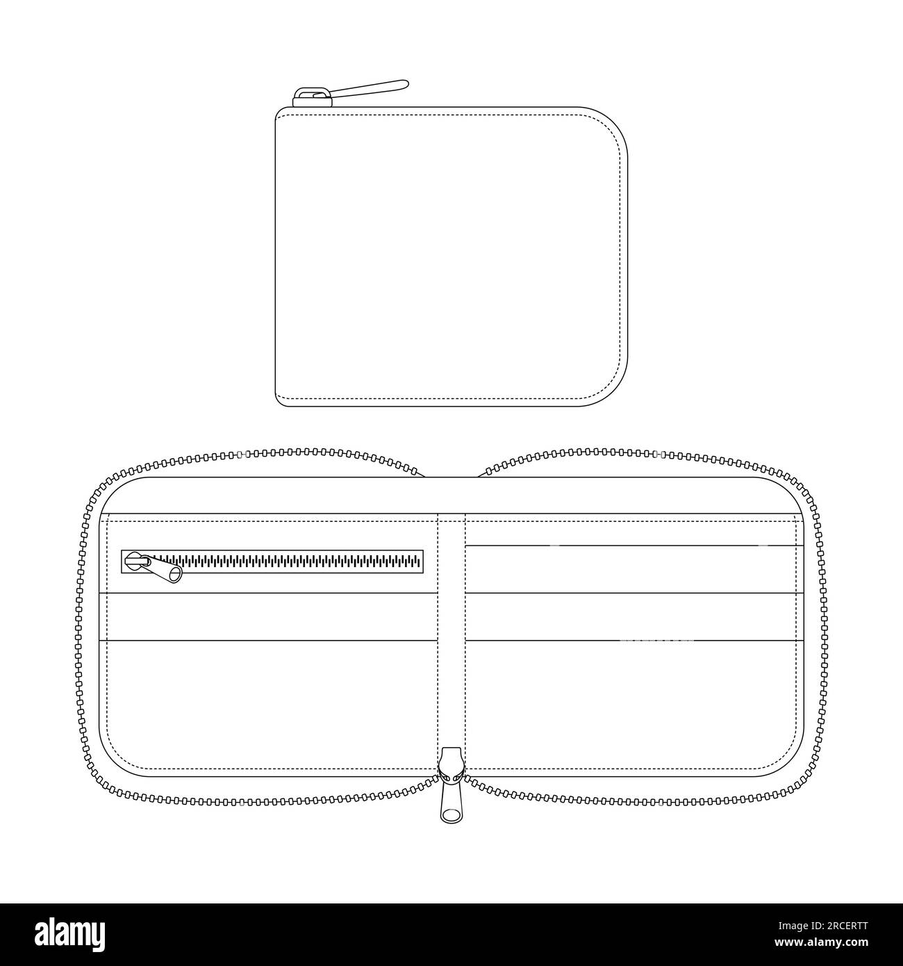 Modello astuccio portafoglio con zip a figura vettoriale modello piatto per una collezione di capi di abbigliamento Illustrazione Vettoriale