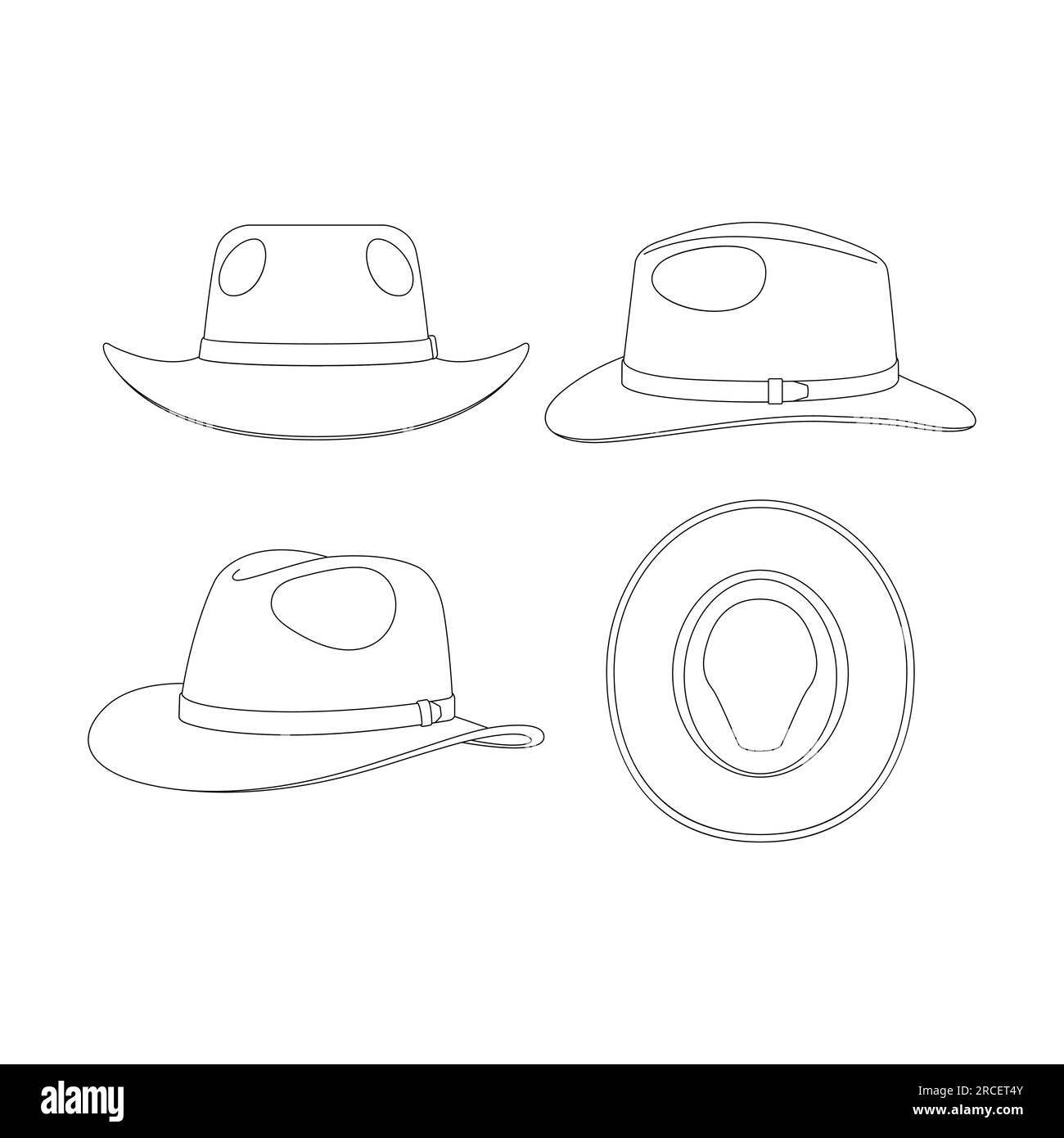 Template fedora cappello a bordo largo illustrazione vettoriale disegno di schizzi piatti per un copricapo Illustrazione Vettoriale