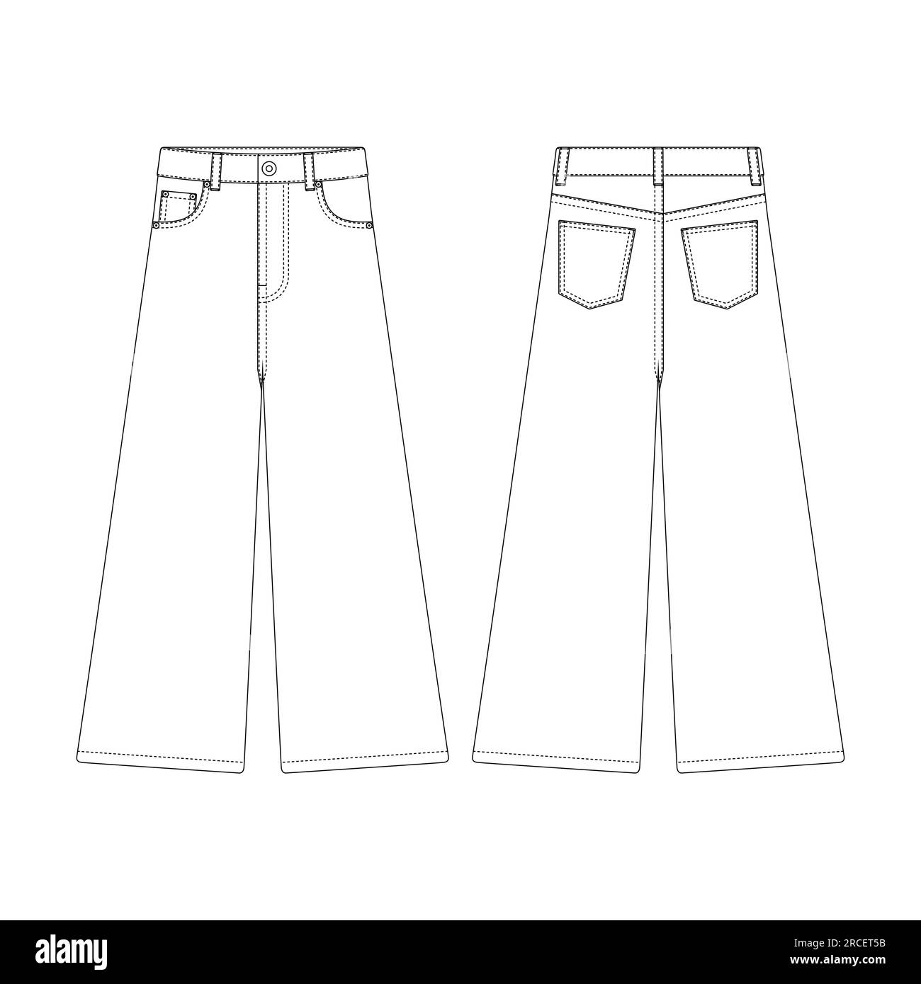 Modello a vita alta jeans aderenti con disegno vettoriale e linea piatta Illustrazione Vettoriale