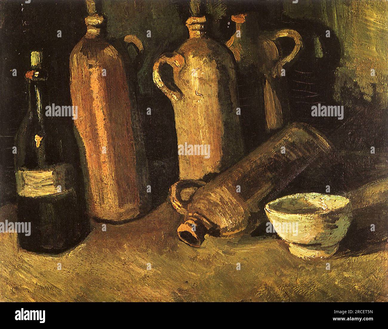 STILL Life with Four Stone Bottles, Flask and White Cup 1884; Nunen / Nuenen, Paesi Bassi di Vincent van Gogh Foto Stock