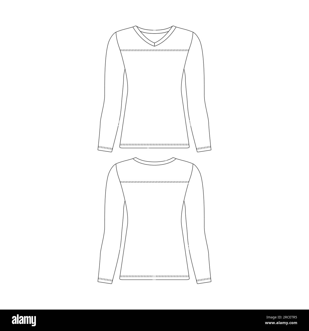 Modello maglia da calcio a manica lunga con scollo a V da donna illustrazione vettoriale profilo piatto con disegno a schizzo Illustrazione Vettoriale