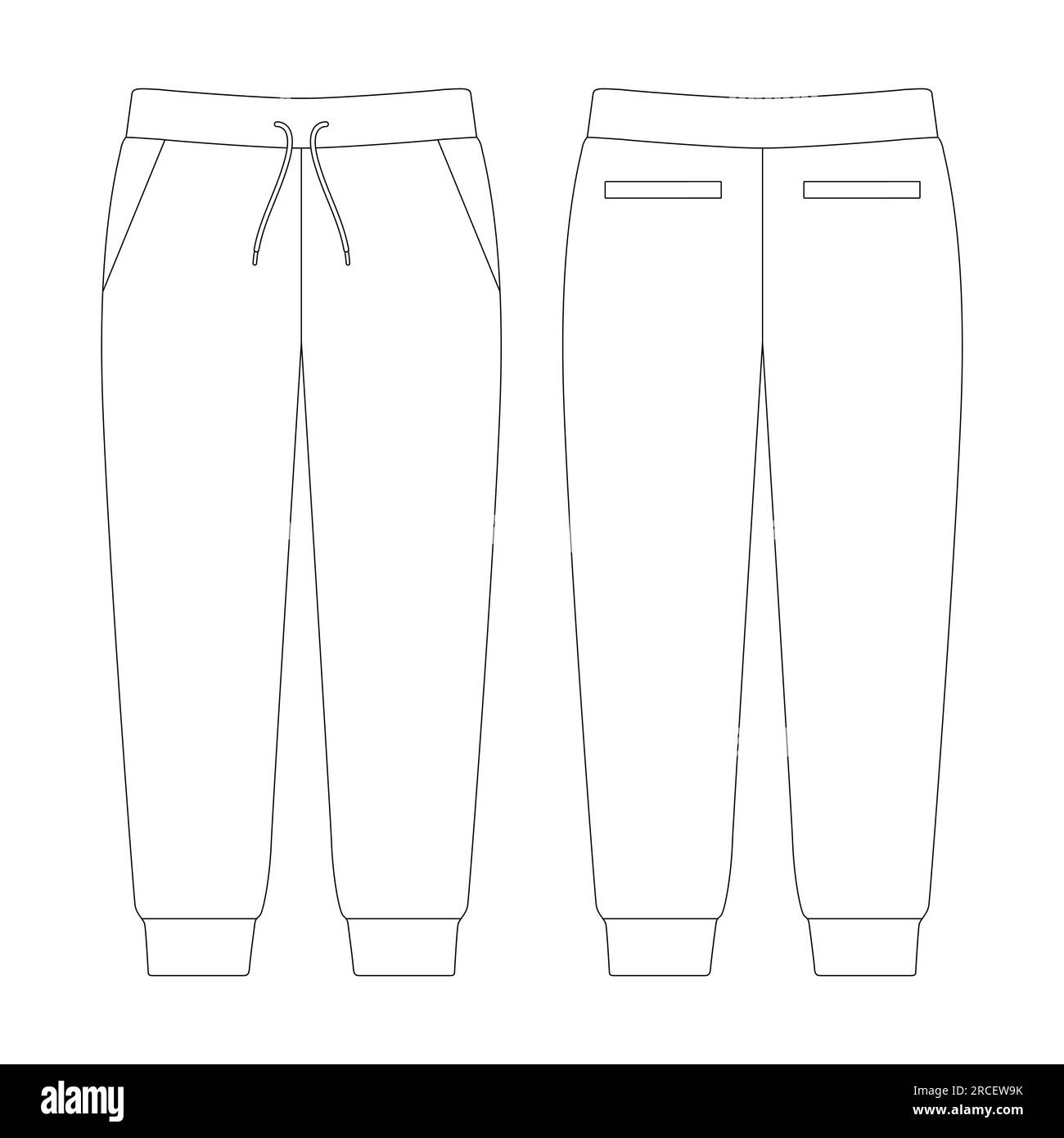 Pantaloni jogger modello tasche a getti illustrazione vettoriale profilo piatto con disegno a schizzo Illustrazione Vettoriale