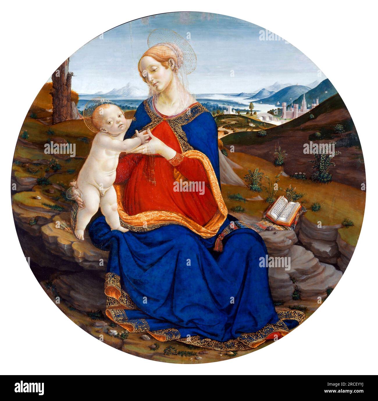 Madonna col bambino con un Breviario di Francesco Botticini (vero nome Francesco di Giovanni, 1446-1498), olio e tempera su tela trasferiti dal legno, dopo il 1475 Foto Stock