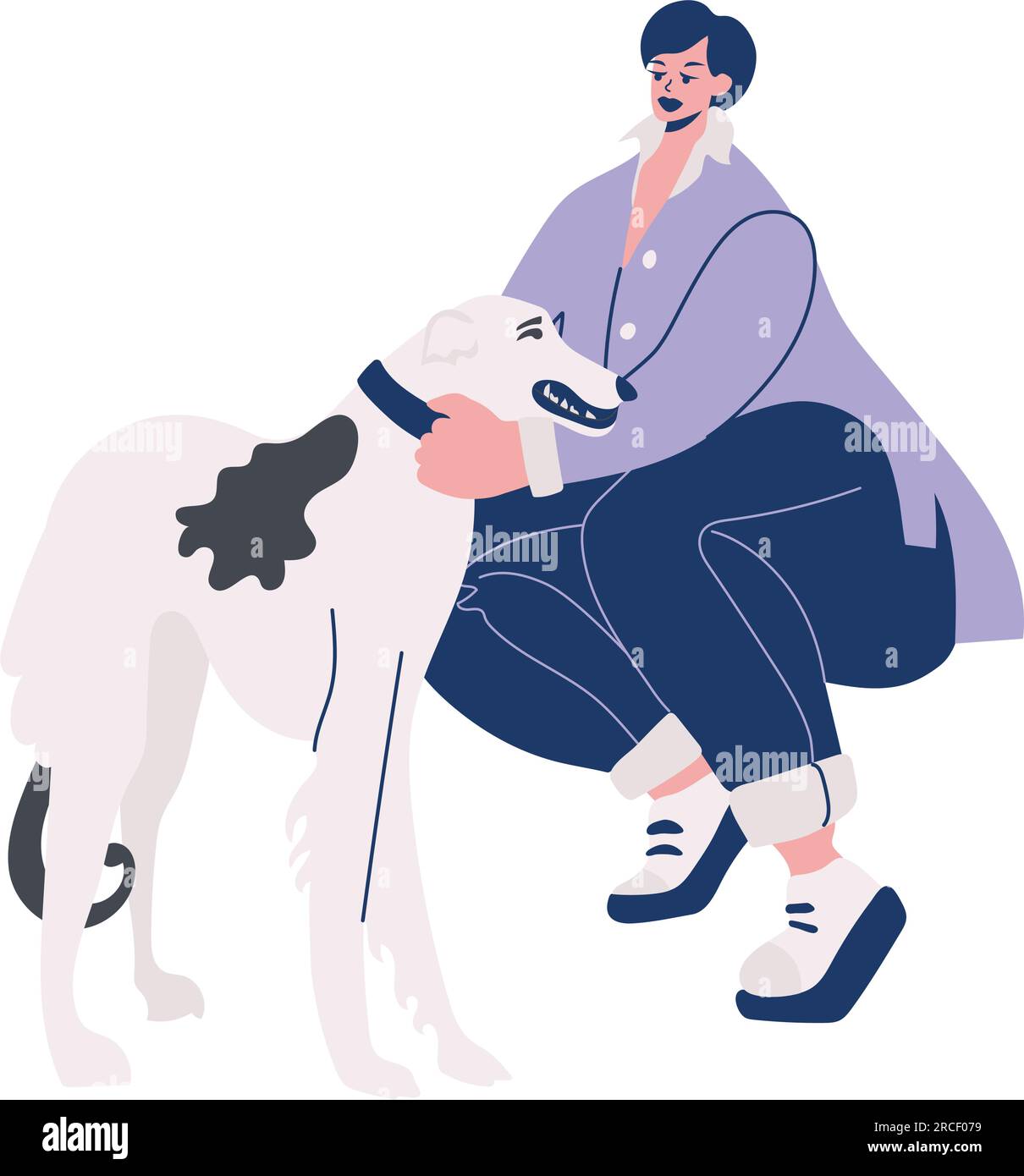 Donna che si accosta vicino al cane isolato su sfondo bianco. Illustrazione Vettoriale