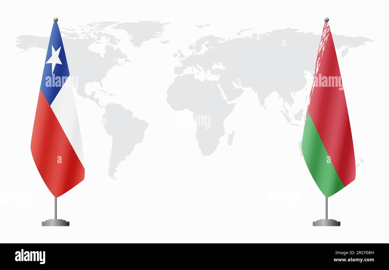 Cile e bandiere bielorusse per un incontro ufficiale sullo sfondo della mappa mondiale. Illustrazione Vettoriale