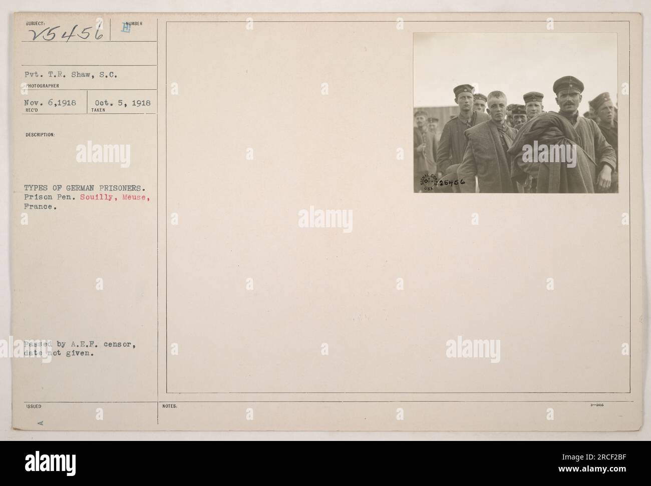 Gruppo di prigionieri di guerra tedeschi alla Prison Pen a Souilly, Mosa, Francia. Presa il 6 novembre 1918 da Pvt. T.R. Shaw, S.C.. Questa fotografia mostra vari tipi di prigionieri tedeschi. L'autenticità dell'immagine è stata verificata dal censore A.E.F. Le banconote emesse indicano il numero di tracciamento della fotografia come 726456. Foto Stock