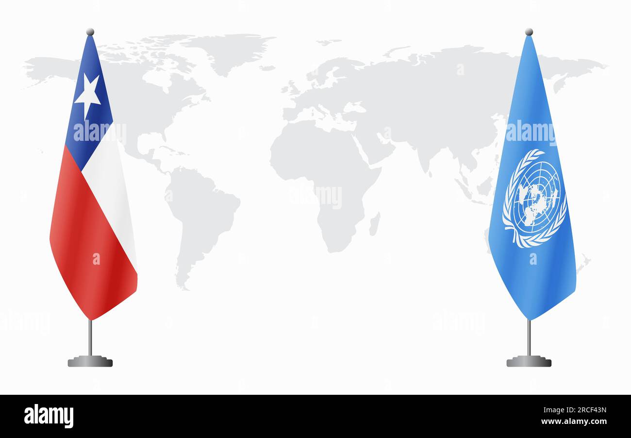 Cile e bandiere delle Nazioni Unite per un incontro ufficiale sullo sfondo della mappa mondiale. Illustrazione Vettoriale