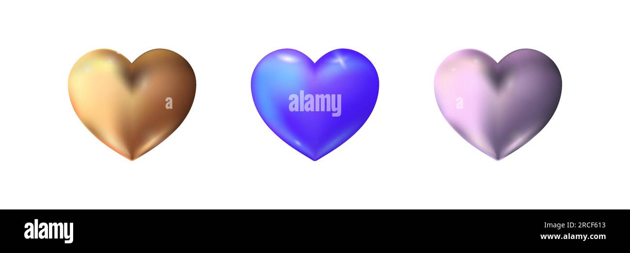 Set di realistici cuori dorati, blu e argento. Elemento di design per San Valentino. Illustrazione Vettoriale