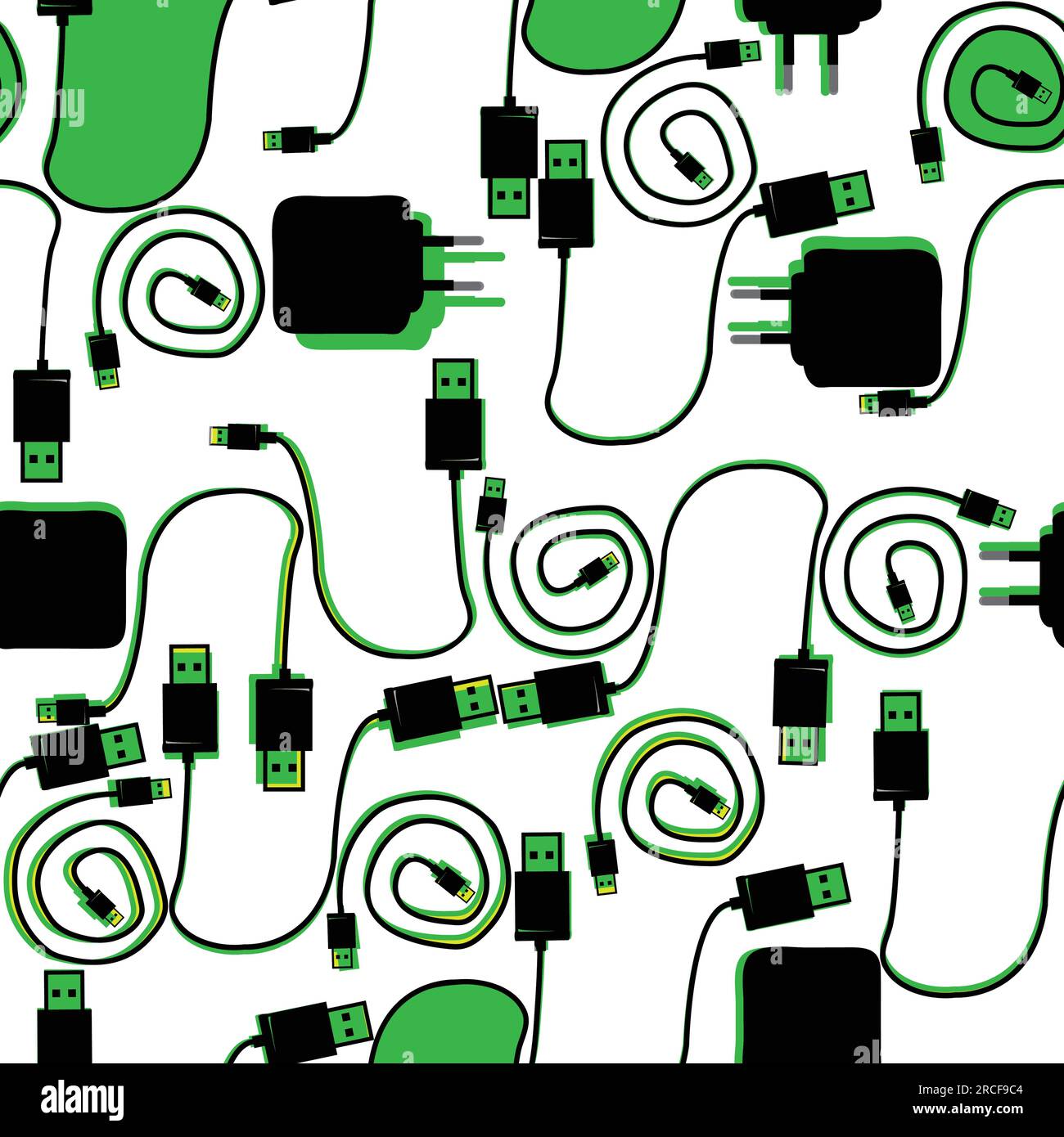 modello senza cuciture con fili, caricabatterie e usb; motivo senza cuciture colorato Illustrazione Vettoriale