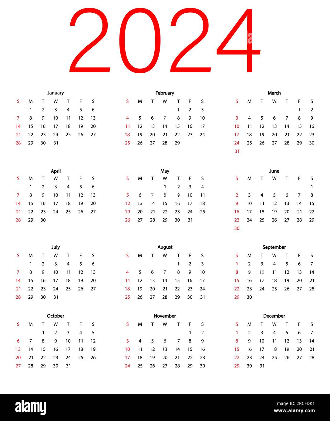Calendario mensile classico per 2024 anni. Calendario in stile quadrato minimalista. La settimana inizia domenica. Illustrazione vettoriale Illustrazione Vettoriale