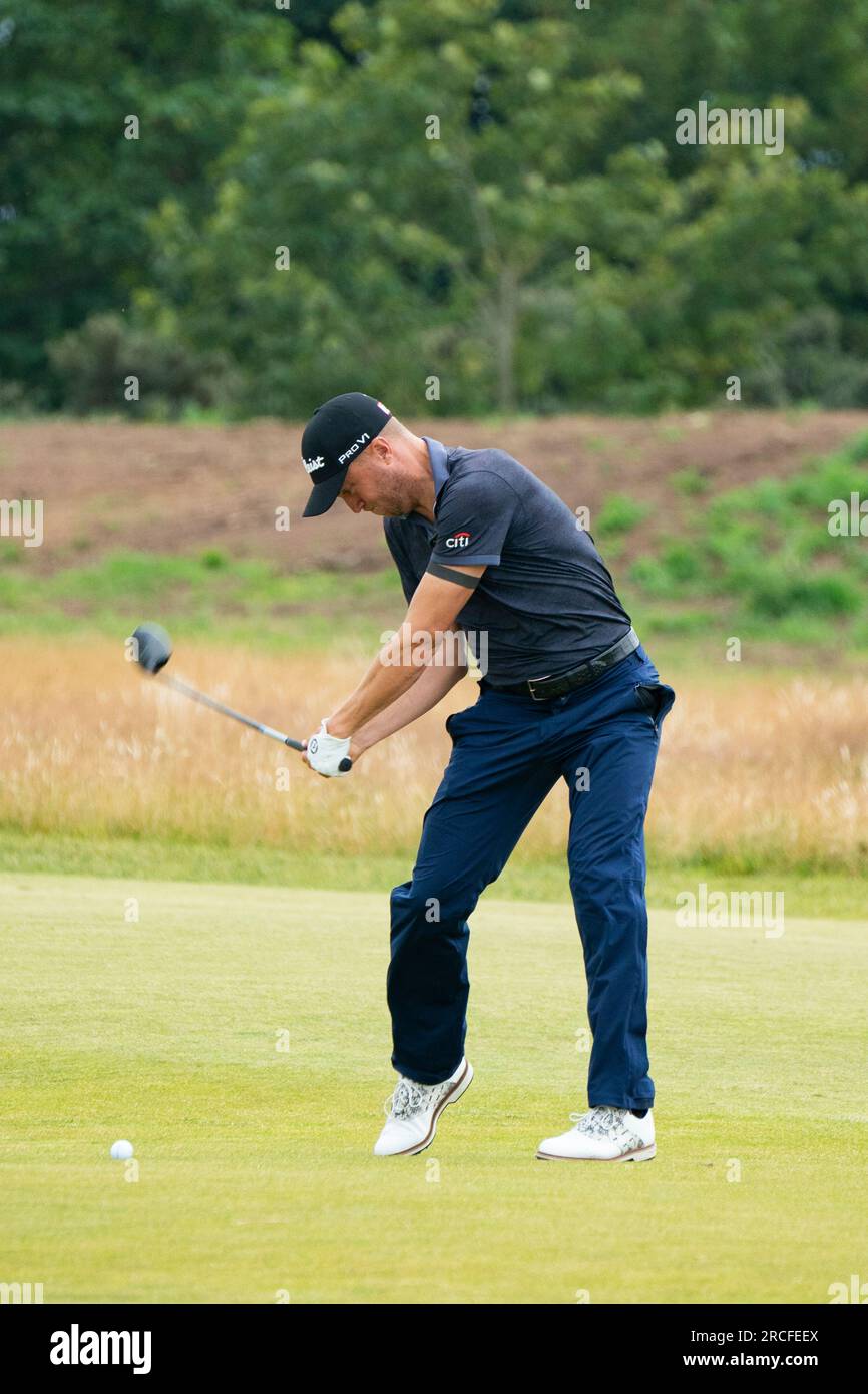 North Berwick, East Lothian, Scozia, Regno Unito. 14 luglio 2023. Justin Thomas gioca ad avvicinarsi alla 10a buca al Genesis Scottish Open al Renaissance Club di North Berwick. Iain Masterton/Alamy Live News Foto Stock