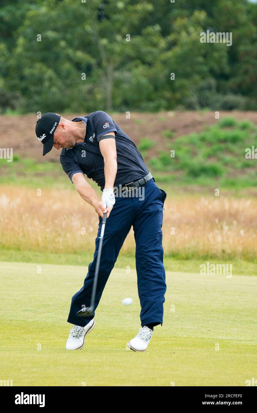 North Berwick, East Lothian, Scozia, Regno Unito. 14 luglio 2023. Justin Thomas gioca ad avvicinarsi alla 10a buca al Genesis Scottish Open al Renaissance Club di North Berwick. Iain Masterton/Alamy Live News Foto Stock