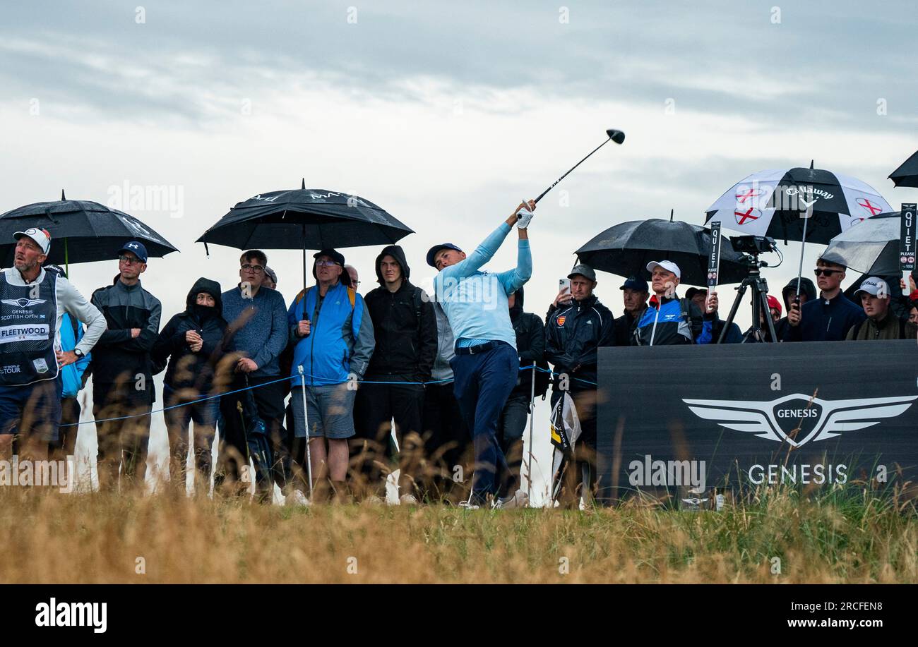 North Berwick, East Lothian, Scozia, Regno Unito. 14 luglio 2023. Jordan Spieth guida al 15° tee del Genesis Scottish Open al Renaissance Club di North Berwick. Iain Masterton/Alamy Live News Foto Stock