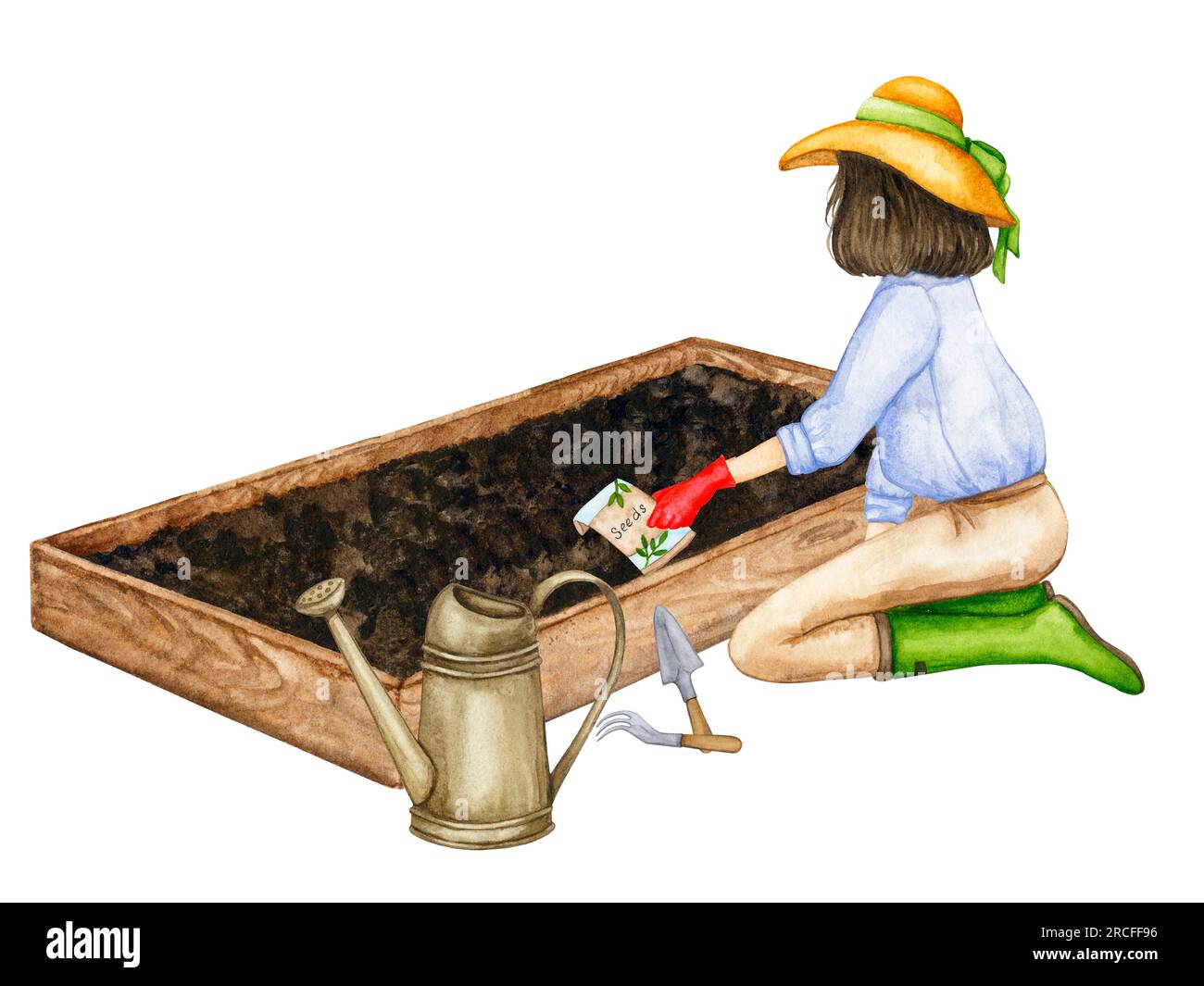 Una donna semina semi di verdure nei suoi letti da giardino. Lavori in giardino. Composizione sul tema del giardinaggio, delle piantine primaverili, della coltivazione delle verdure. Foto Stock