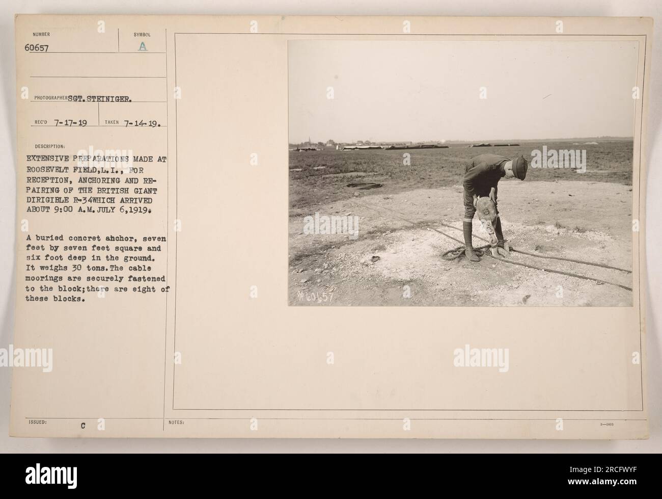 Estesi preparativi a Roosevelt Field, L.I. per l'arrivo, l'ancoraggio e la riparazione del dirigibile R-34 britannico il 6 luglio 1919. È stata utilizzata un'ancora in calcestruzzo sepolto del peso di 30 tonnellate, con una superficie di 7 piedi per 7 piedi quadrati e una profondità di 6 piedi. Otto di questi ancoraggi sono stati utilizzati per fissare saldamente gli ormeggi dei cavi. Foto Stock