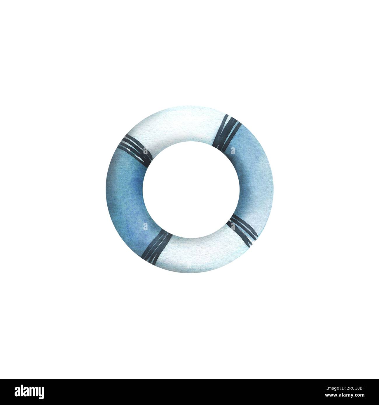 Simpatica boa salvagente blu e bianca per i bambini. Illustrazione ad acquerello disegnata a mano in stile bambino. Oggetto isolato su sfondo bianco. Foto Stock