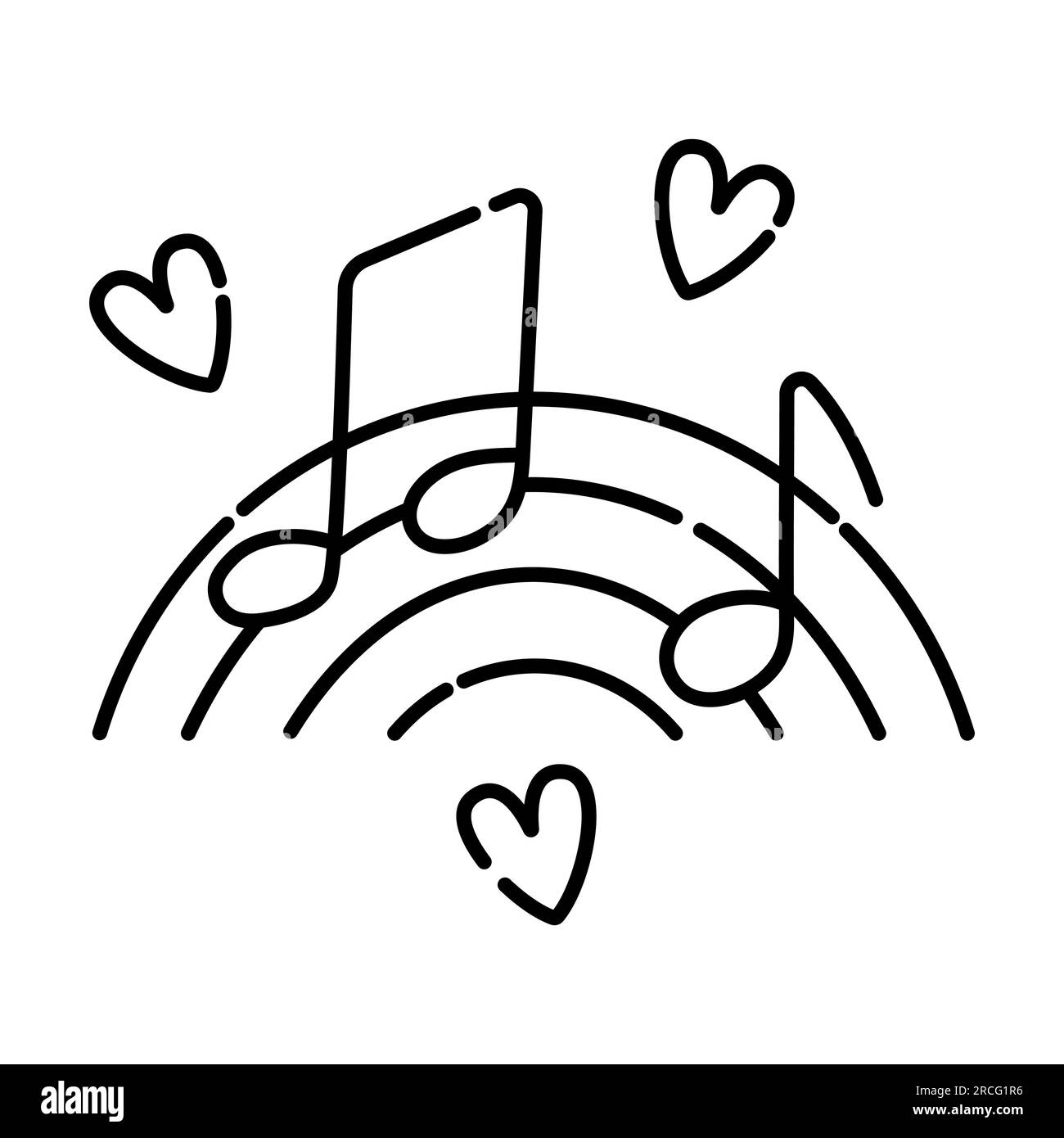 Adoro la musica, icona di note musicali su sfondo arcobaleno con linee nere vettoriali Illustrazione Vettoriale