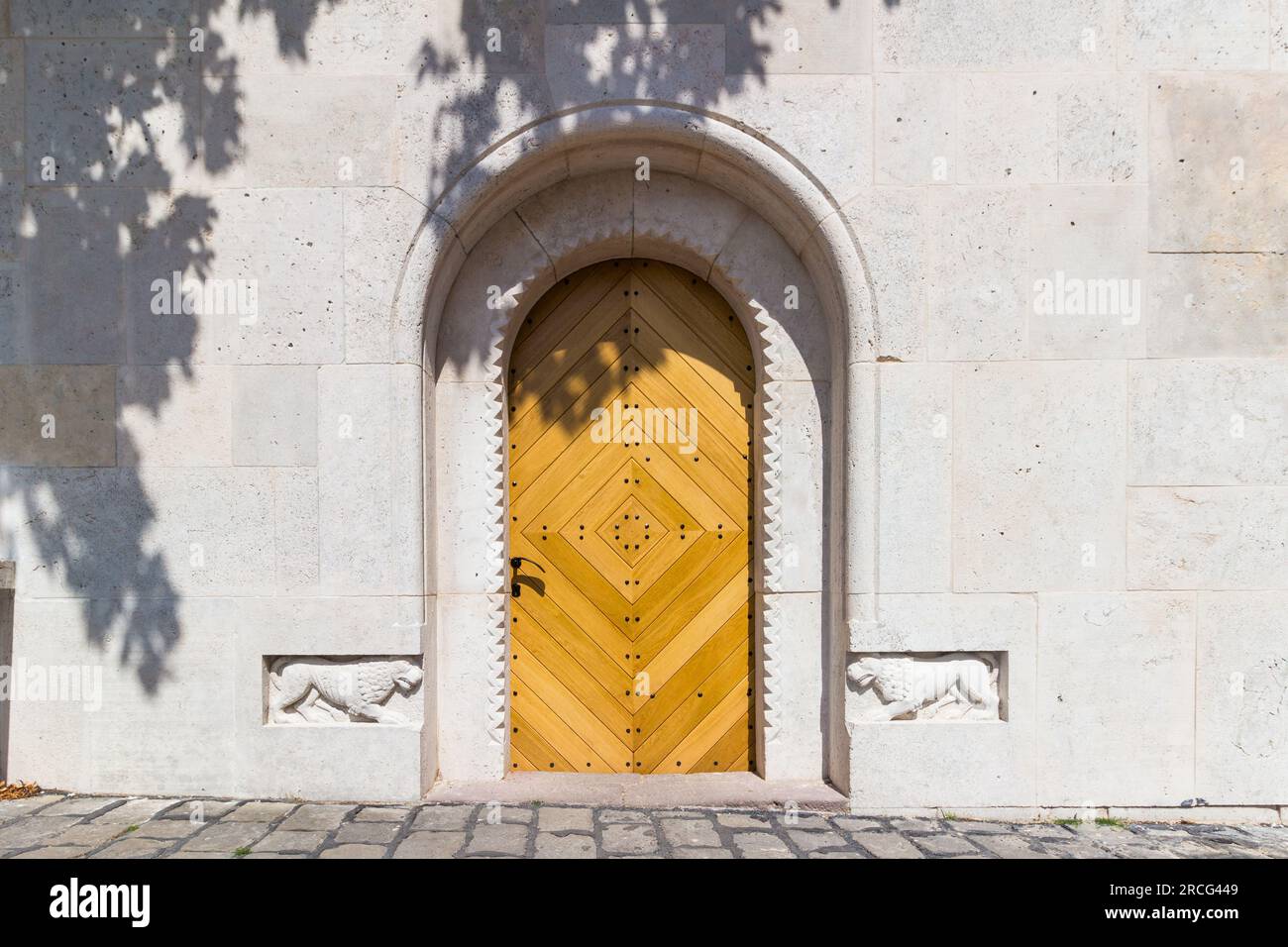 Porta incorniciata in pietra con motivi leonici, quartiere del Castello, Veszprem, Ungheria Foto Stock