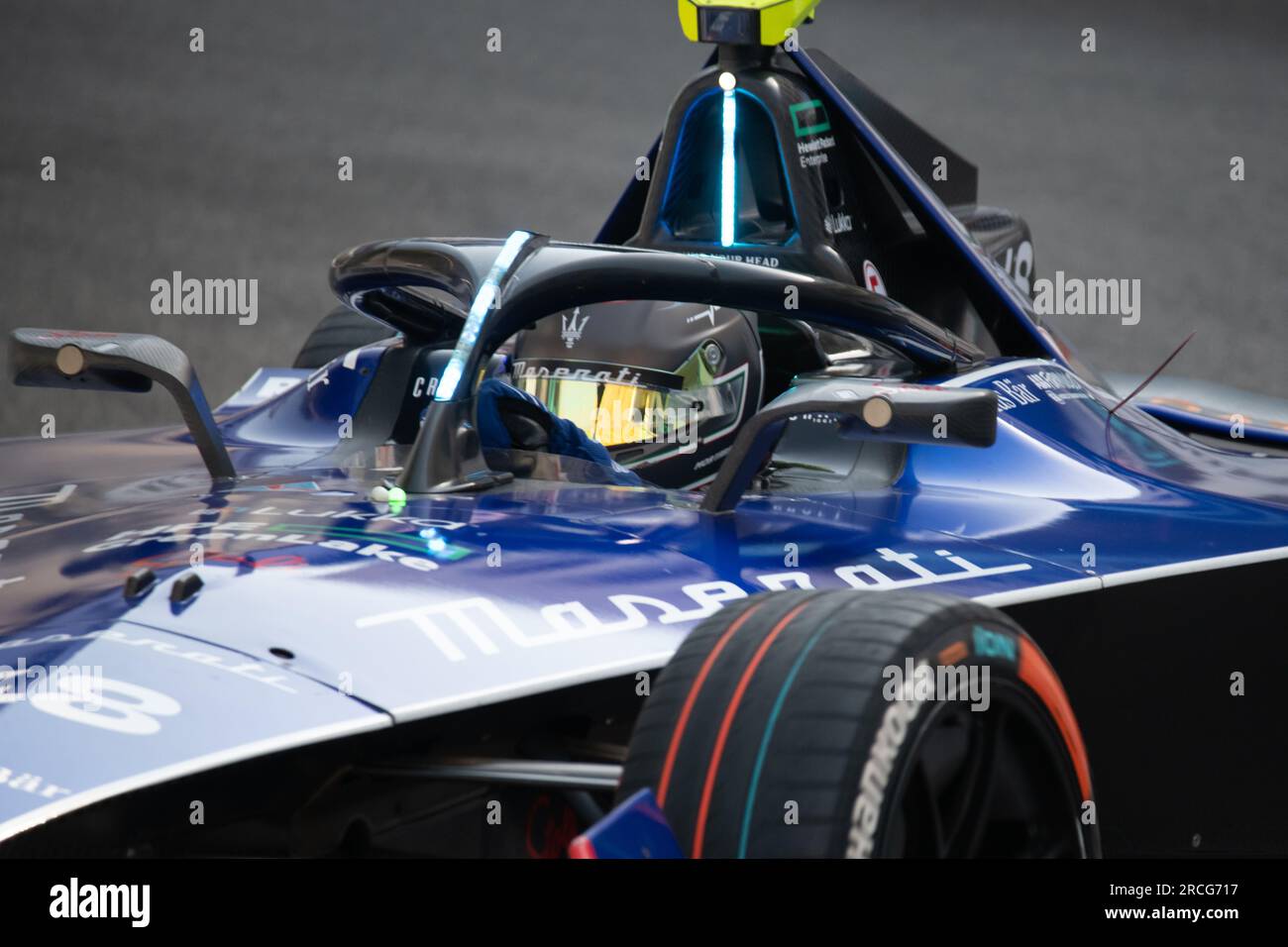 Roma, Italia 14 luglio 2023 – Formula e Hankook Roma e-Prix, prove libere. Edoardo Mortara (48) (CHE) Maserati MSG Racing Team in azione su pista. Foto: Fabio Pagani/Alamy Live News Foto Stock