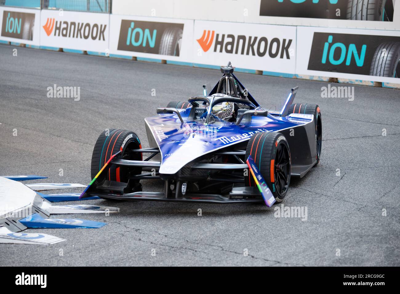 Roma, Italia 14 luglio 2023 – Formula e Hankook Roma e-Prix, prove libere.Maximilian Gunther (7) (DEU) Maserati MSG Racing Team in azione su pista. Foto: Fabio Pagani/Alamy Live News Foto Stock