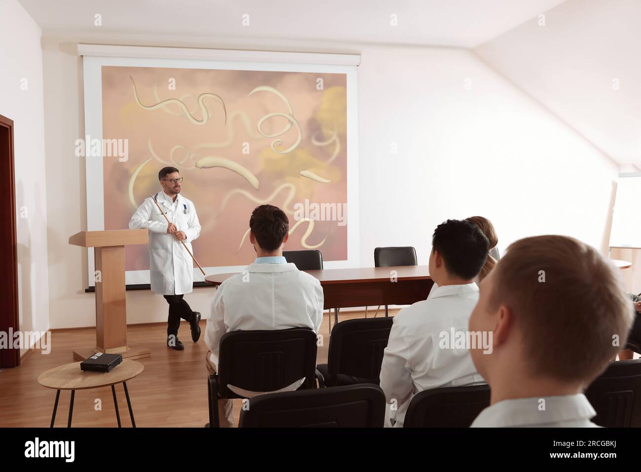 Lezione di gastroenterologia. Professori e medici nella sala conferenze. Schermo di proiezione con illustrazione degli elminti Foto Stock