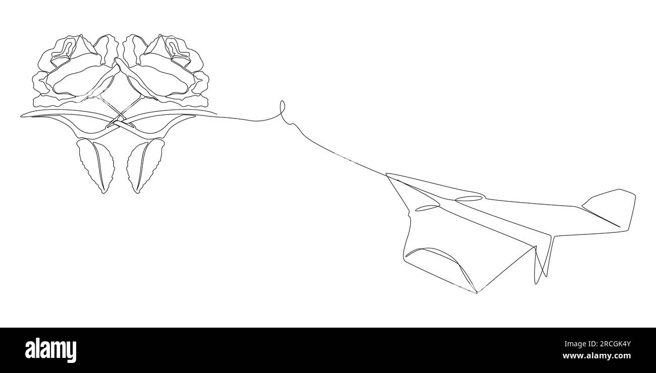 Una linea continua di Paper Airplane con fiori di rosa. Concetto vettoriale illustrazione a linee sottili. Idee creative per disegnare contorni. Illustrazione Vettoriale