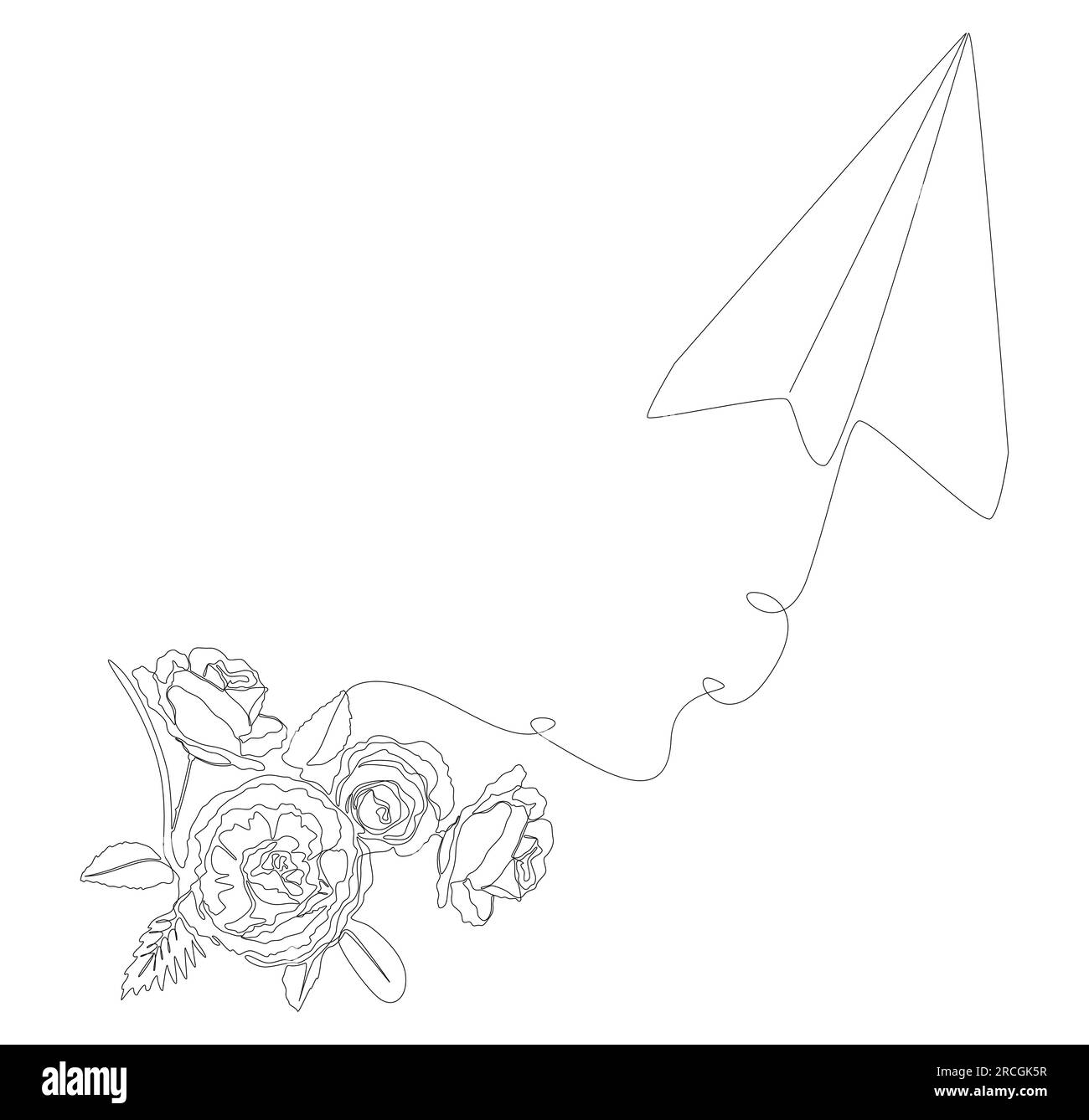 Una linea continua di Paper Airplane con fiori di rosa. Concetto vettoriale illustrazione a linee sottili. Idee creative per disegnare contorni. Illustrazione Vettoriale