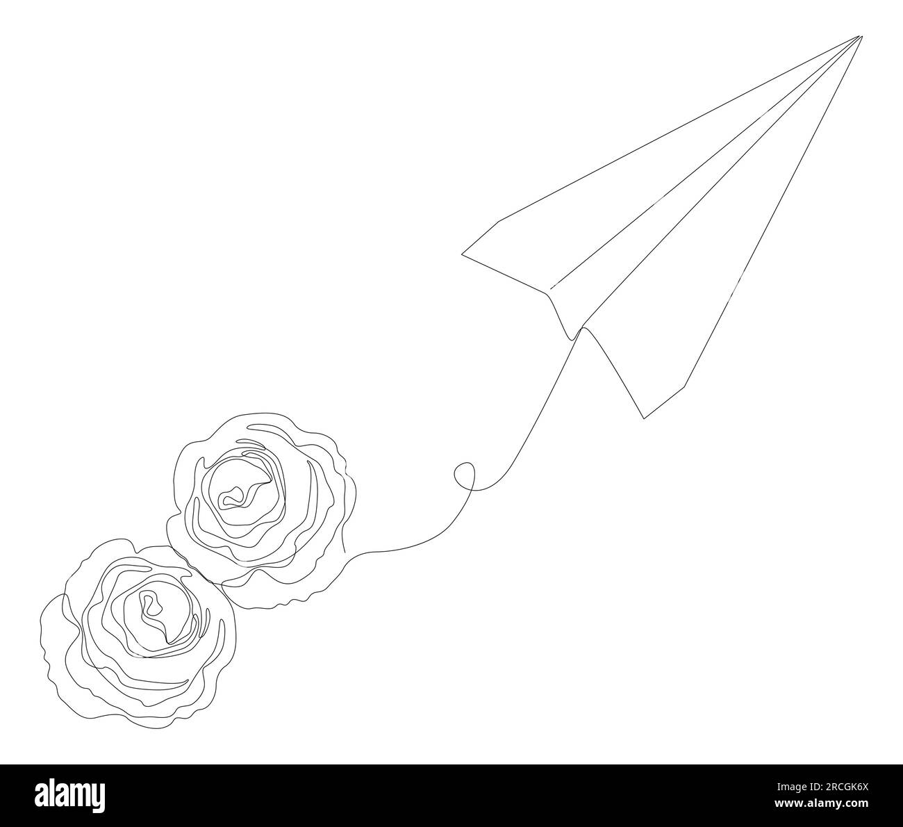 Una linea continua di Paper Airplane con fiori di rosa. Concetto vettoriale illustrazione a linee sottili. Idee creative per disegnare contorni. Illustrazione Vettoriale