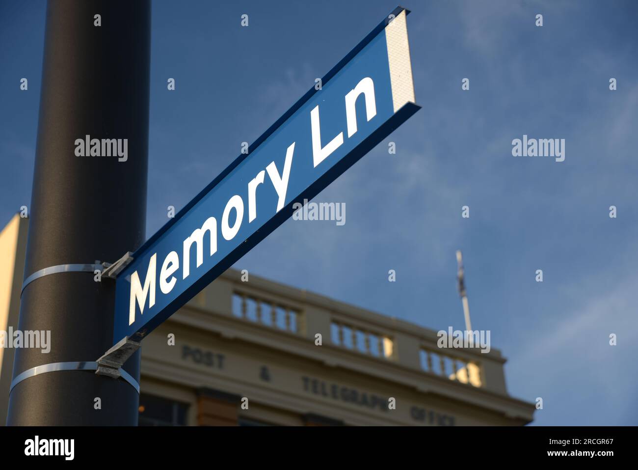 Un cartello stradale per Memory Lane a Christchurch, nuova Zelanda Foto Stock