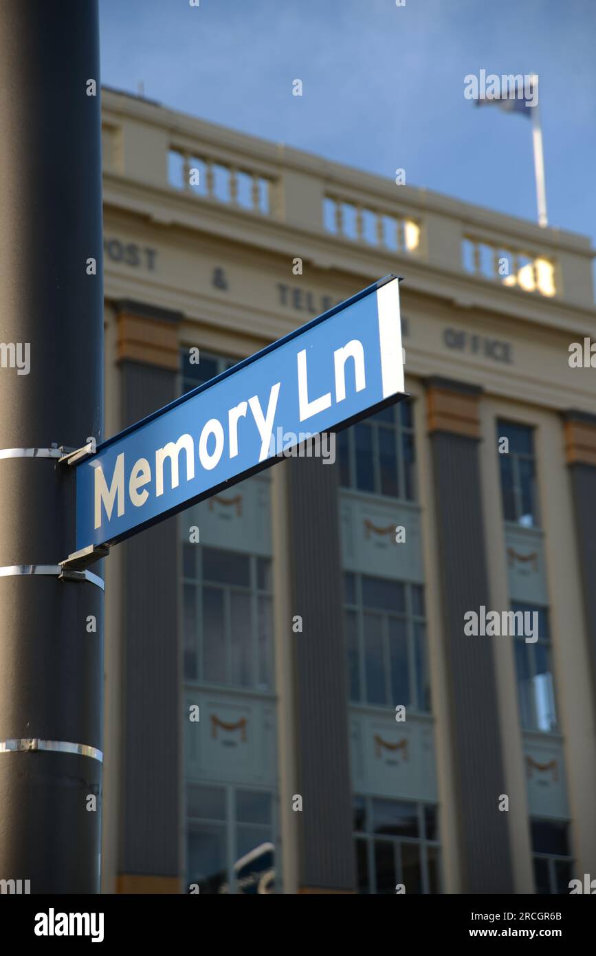 Un cartello stradale per Memory Lane a Christchurch, nuova Zelanda Foto Stock
