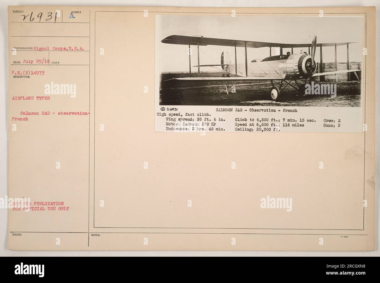 Aereo da osservazione francese Salmson 2A2, utilizzato dall'esercito degli Stati Uniti durante la prima guerra mondiale L'aereo ha un'ala di 38 piedi. 6 poll. Ed è dotata di un motore Salmson da 270 CV. Ha una durata di 2 ore. 45 min. e può salire fino a 6.500 ft. in 7 min. 15 sec. L'aereo ha una velocità massima di 116 miglia e un soffitto di 20.300 piedi. E' armato di 2 pistole. Foto Stock