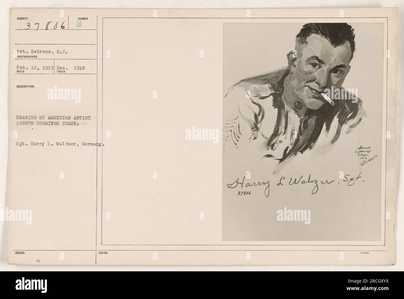 Soldato Sgt. Harry L. Walizer, fotografato in Germania nel dicembre 1918 da Pvt. Behrens. L'immagine presenta un disegno dell'artista americano Joseph Cummings Chase. Le banconote emesse indicano il nome dell'artista e il nome del soldato, set. 3. Foto Stock