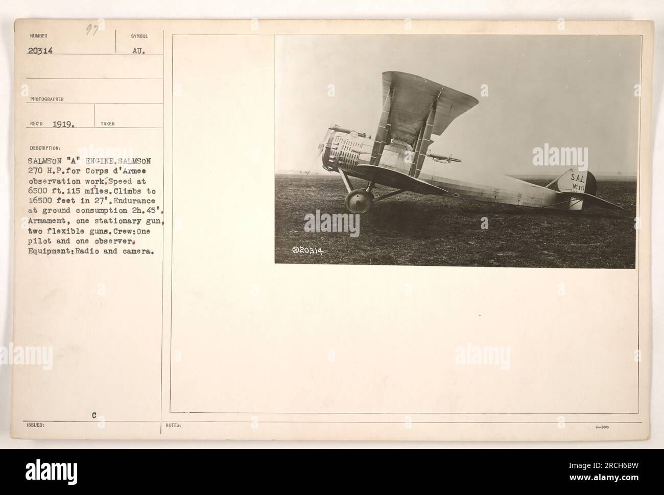Salmson 'A' motore del Salmson 270 H.P. utilizzato per il lavoro di osservazione del corpo d'Armee durante la prima guerra mondiale. L'aereo aveva una velocità di 115 mph a 6500 ft e poteva salire fino a 16500 piedi in 27 minuti. Aveva una durata di 2 ore e 45 minuti a consumo di terra. Dotato di una pistola fissa, due pistole flessibili, radio e telecamera. Fotografia scattata nel 1919. Foto Stock