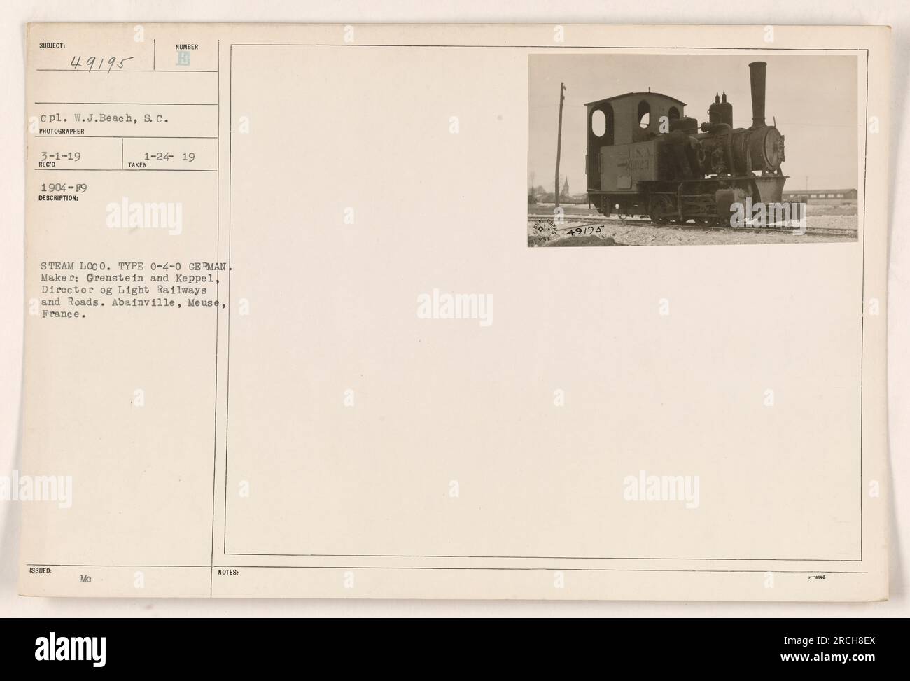 Locomotiva a vapore tedesca, tipo 0-4-0, prodotta da Orenstein e Keppel. La locomotiva si trova ad Abainville, Meuse, in Francia. La foto è stata scattata da CPL. W.J. E' datato 3-1-19. La data di produzione della locomotiva è compresa tra il 1904 e il 1919. Foto Stock