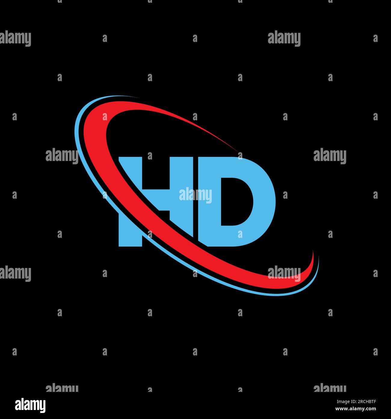 Logo HD, H D Letter. Logo rosso e blu con lettera iniziale del monogramma in maiuscolo con cerchio collegato HD. Logo HD, design H D. Illustrazione Vettoriale