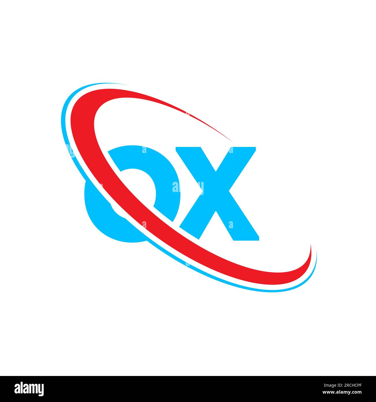 Logo OX o X Letter. Lettera iniziale del logo del monogramma del cerchio ovale collegato OX rosso e blu. Logo OX, design o X. Illustrazione Vettoriale