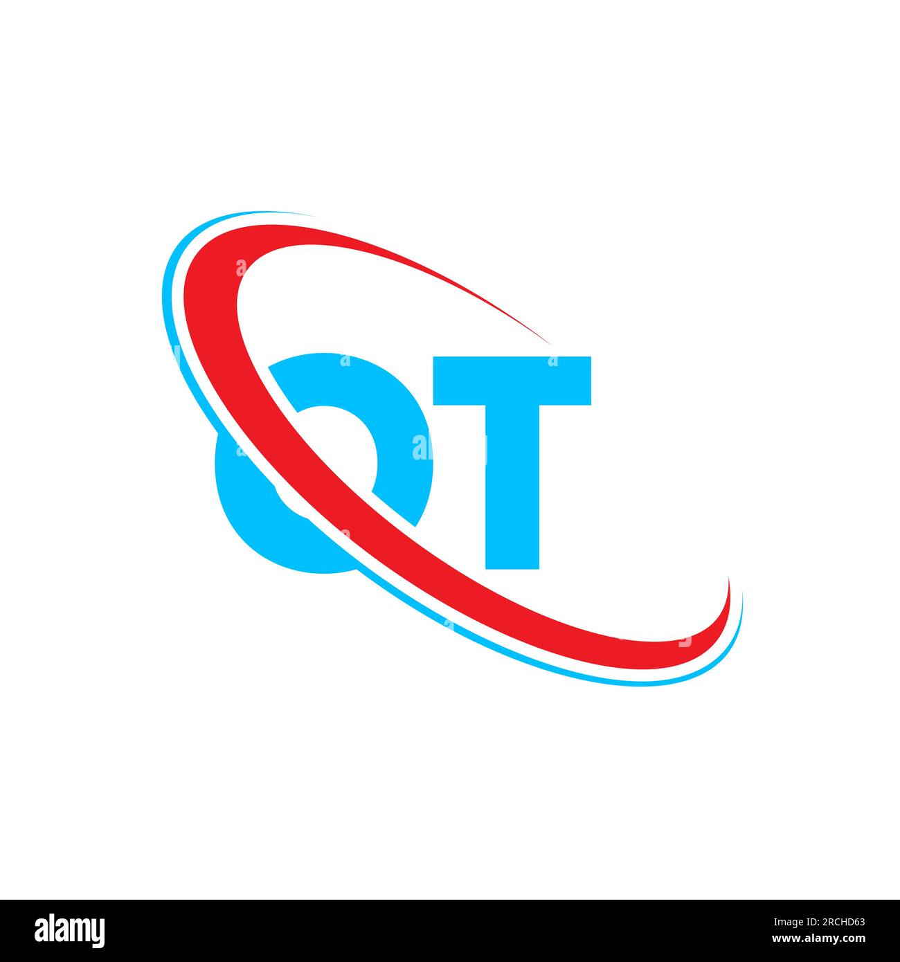 Logo OT o T Letter. Lettera iniziale OT con logo monogramma maiuscola con cerchio collegato rosso e blu. Logo OT, design o T. Illustrazione Vettoriale